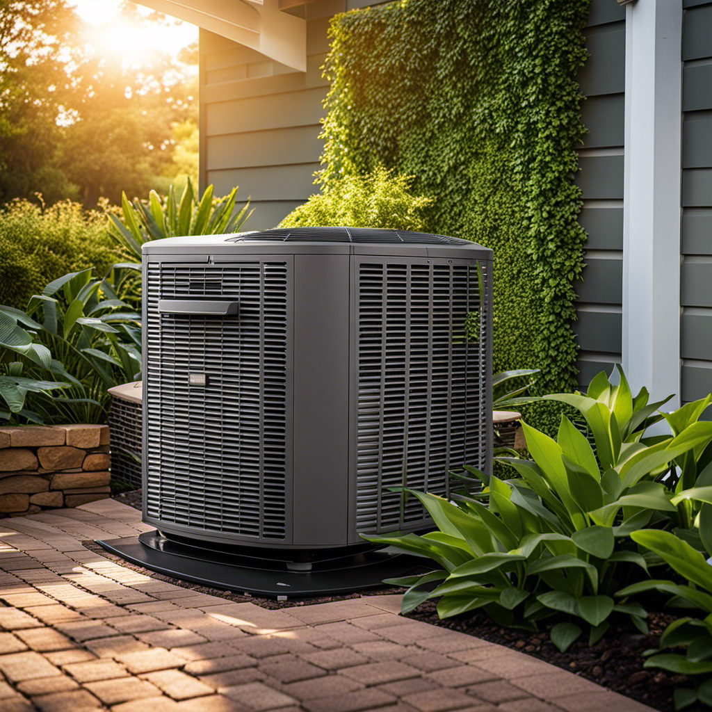 An image showcasing an HVAC unit installed in an outdoor setting, surrounded by lush greenery, with the sun setting in the background