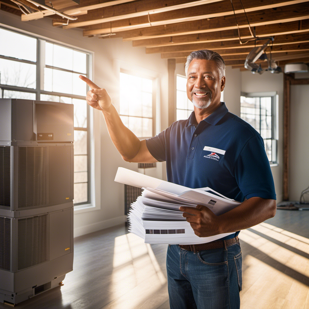 An image featuring a homeowner holding a stack of tax forms, smiling while pointing at a brand new HVAC unit in their basement