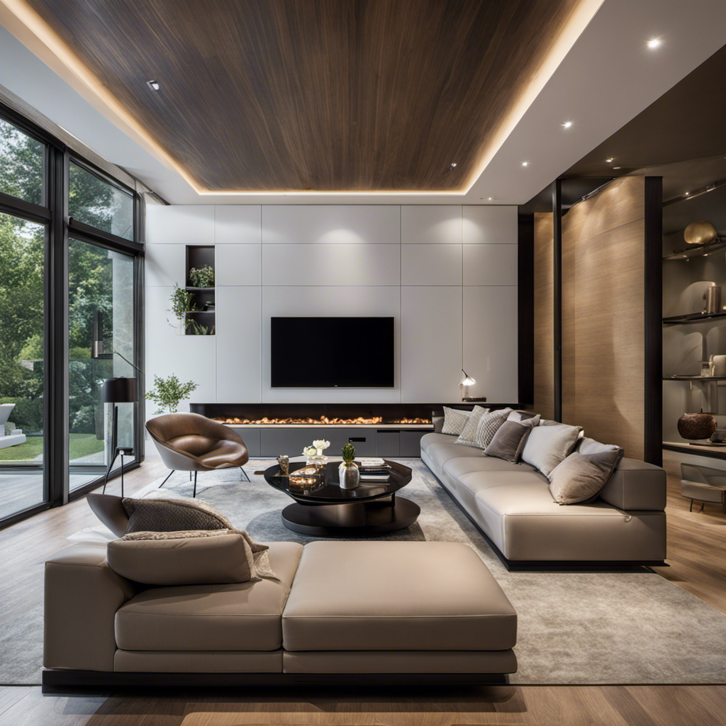 An image showcasing a modern, elegantly designed living room, with an HVAC system seamlessly integrated into the space