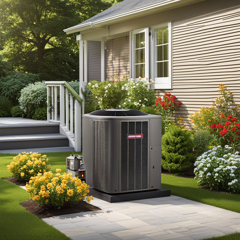 An image showcasing a serene backyard scene, with a traditional gas furnace on one side and a modern heat pump on the other