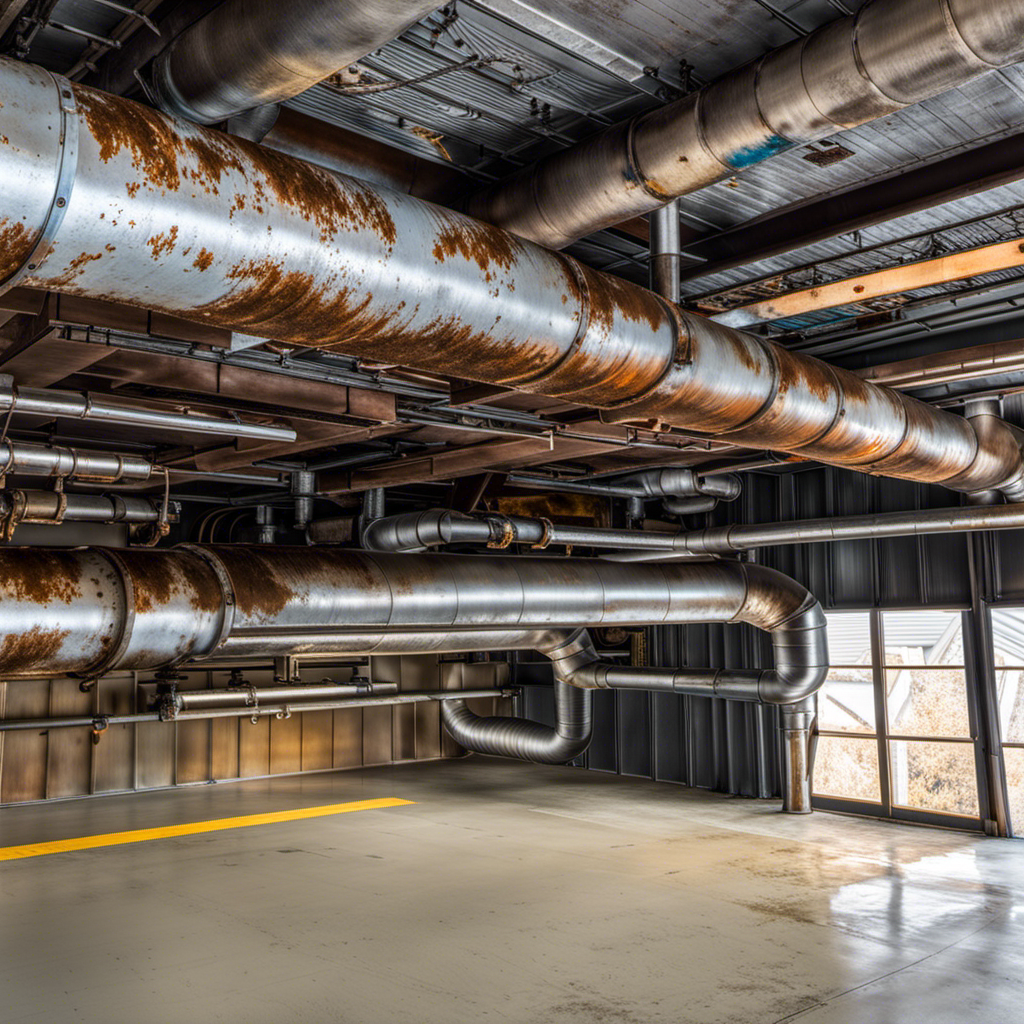 An image showcasing a deteriorated ductwork system, with rusted metal, visible leaks, and worn insulation