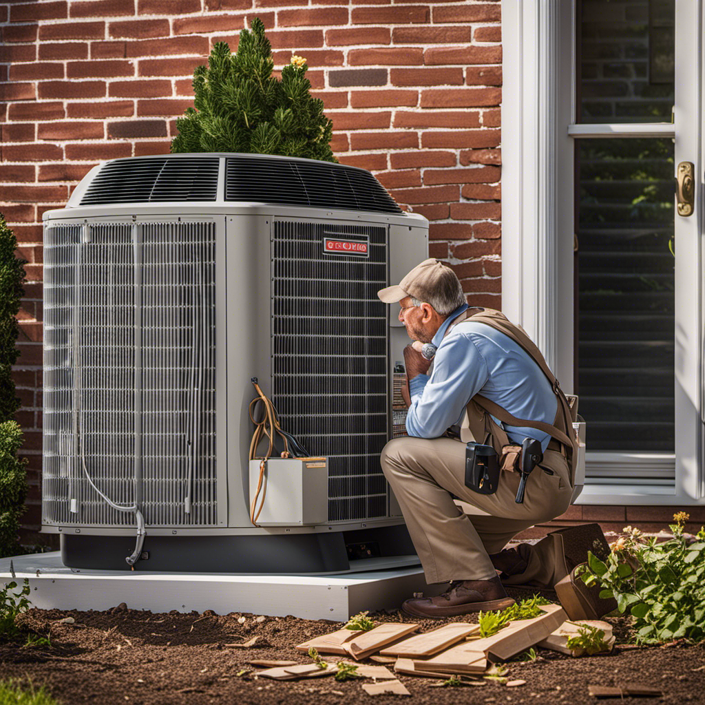 An image depicting a homeowner contemplating their aging HVAC system in 2023