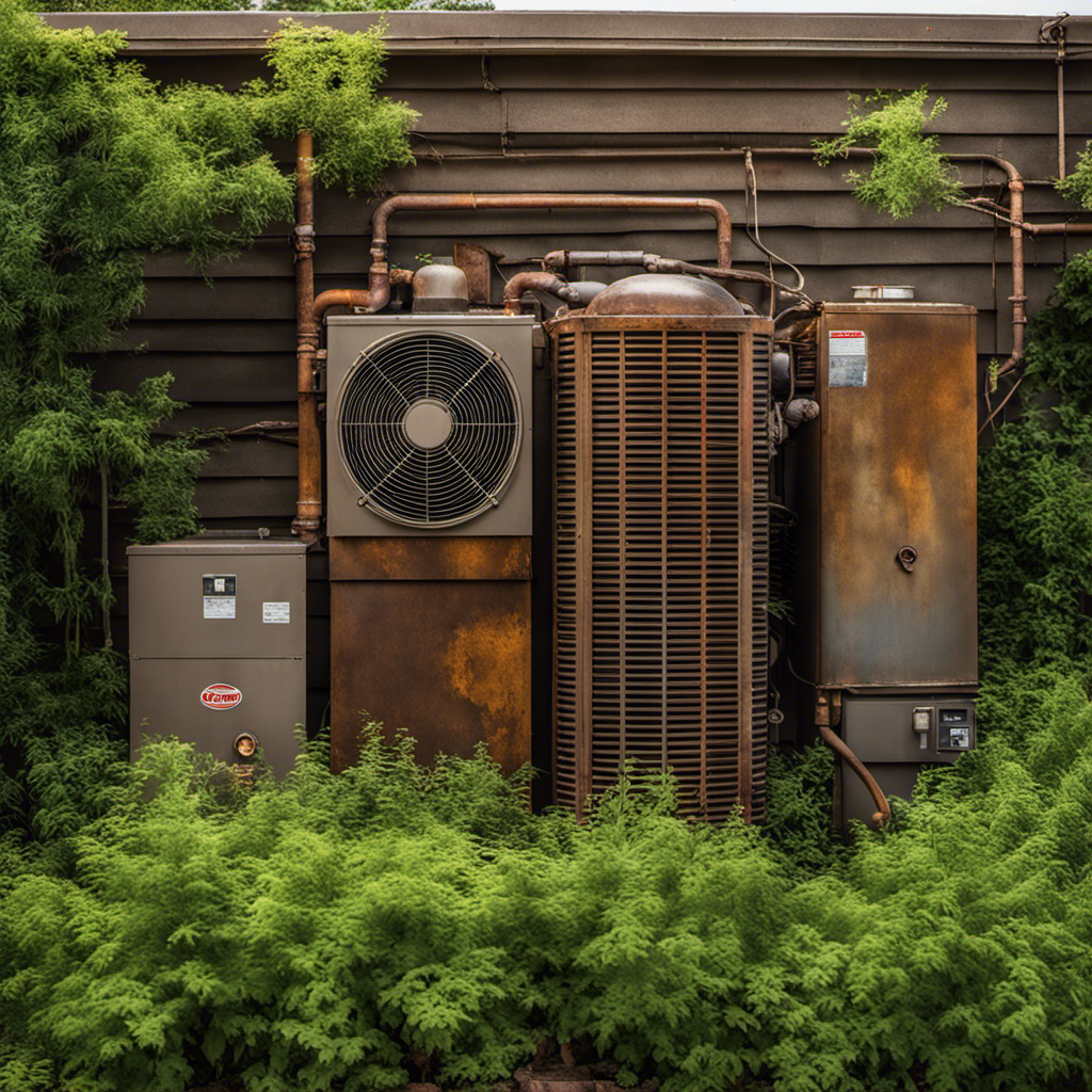 An image depicting an HVAC system, showing a worn-out exterior, rusted components, and faded paint
