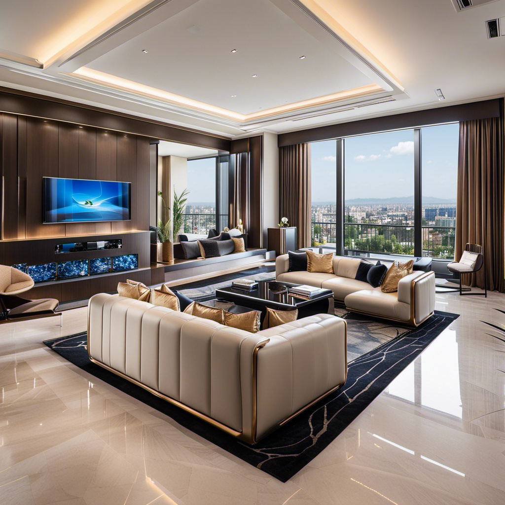 An image showcasing a luxurious, high-end HVAC system, adorned with sleek stainless steel panels, a state-of-the-art touch screen display, and surrounded by a backdrop of opulent interiors with plush furniture and exquisite decor