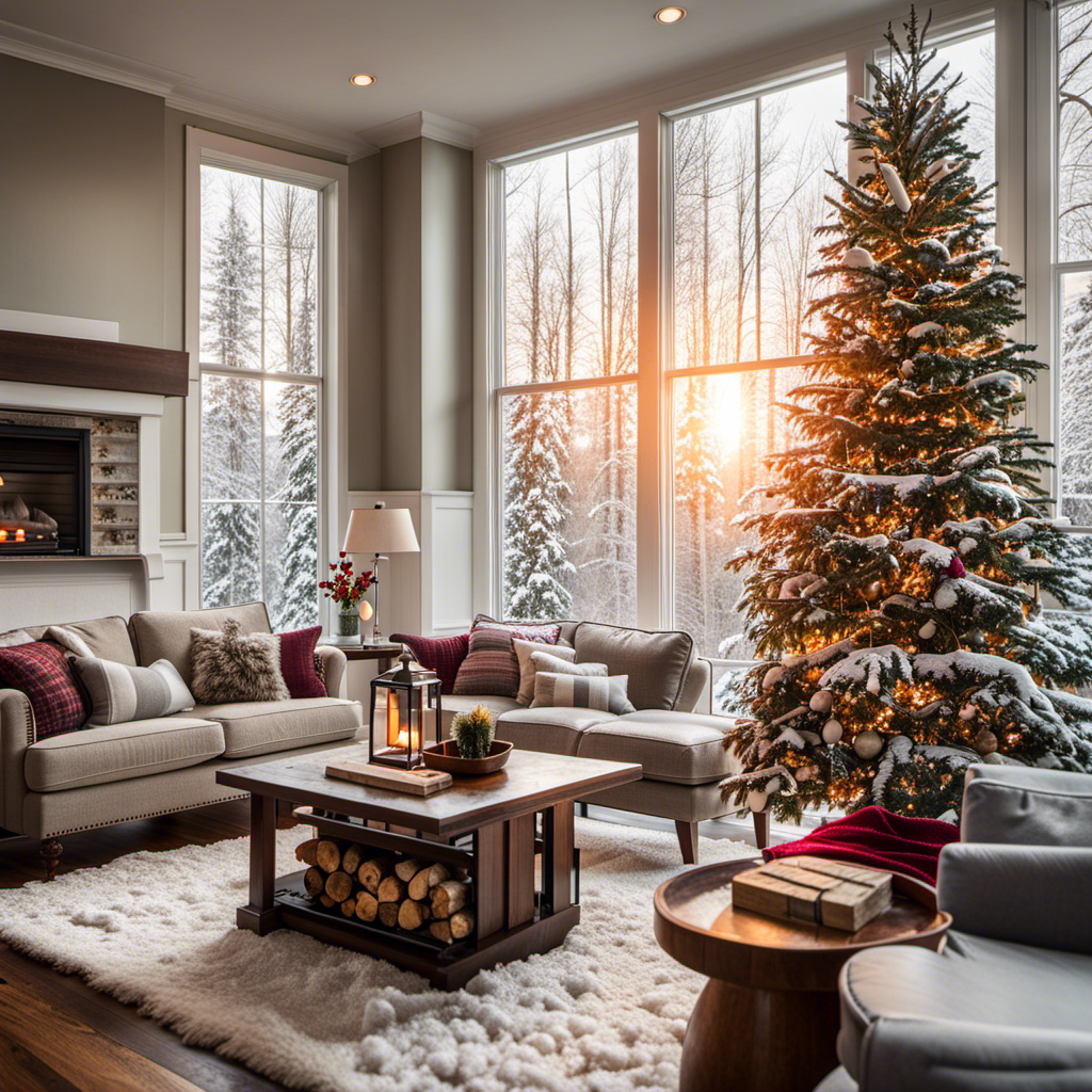 An image showcasing a cozy living room with a blazing fireplace, surrounded by snow-covered trees outside the window