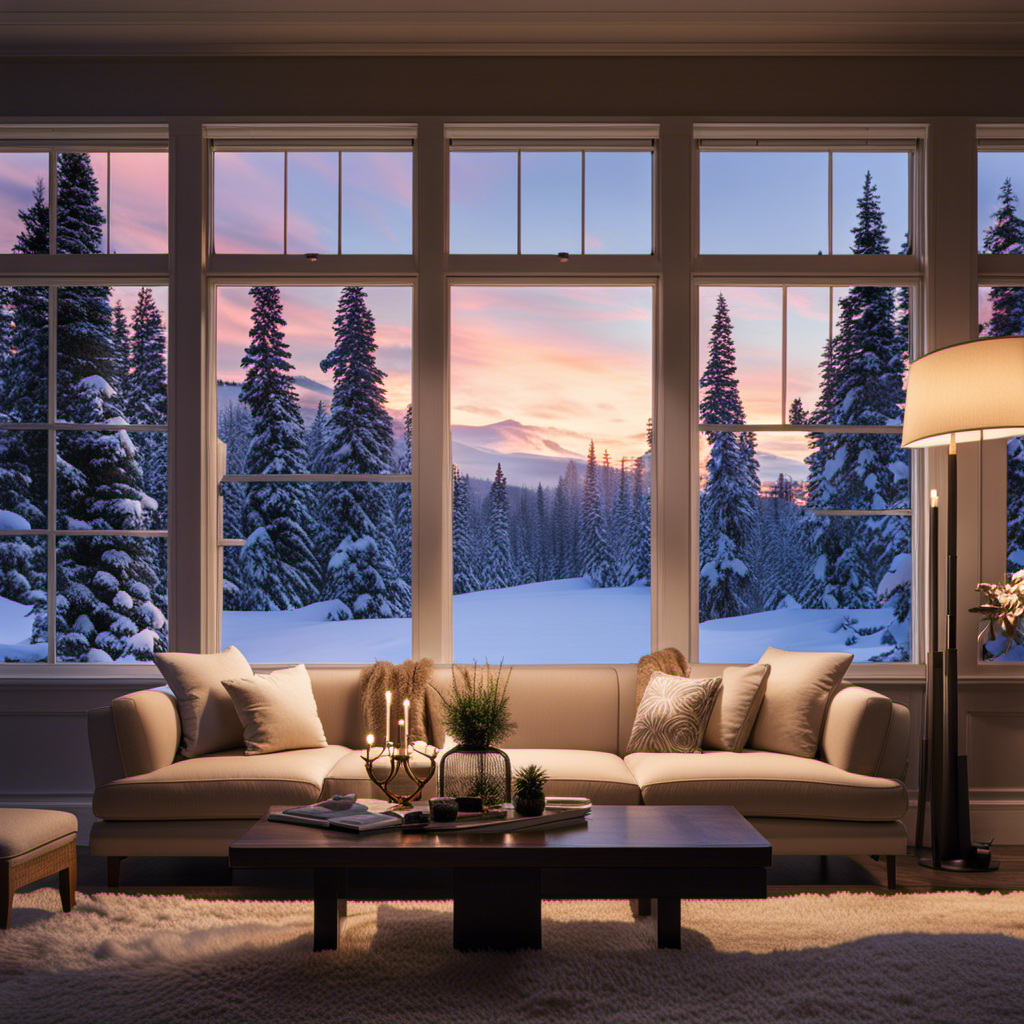 An image depicting a cozy living room with a window overlooking a snow-covered landscape