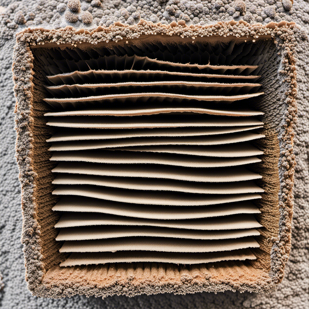 An image showcasing a close-up view of a clogged air filter, covered in layers of dirt, dust, and debris