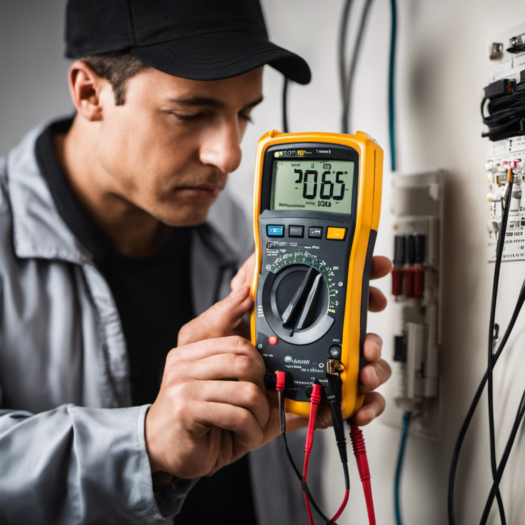 An image capturing a person holding a digital multimeter, carefully measuring the temperature output of a thermostat installed on a wall