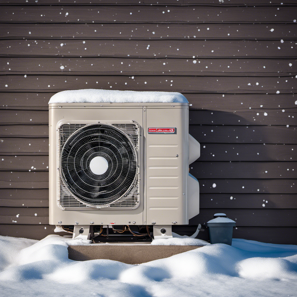  Create an image showcasing a close-up of a residential AC unit surrounded by falling snowflakes, with a protective cover partially draped over it