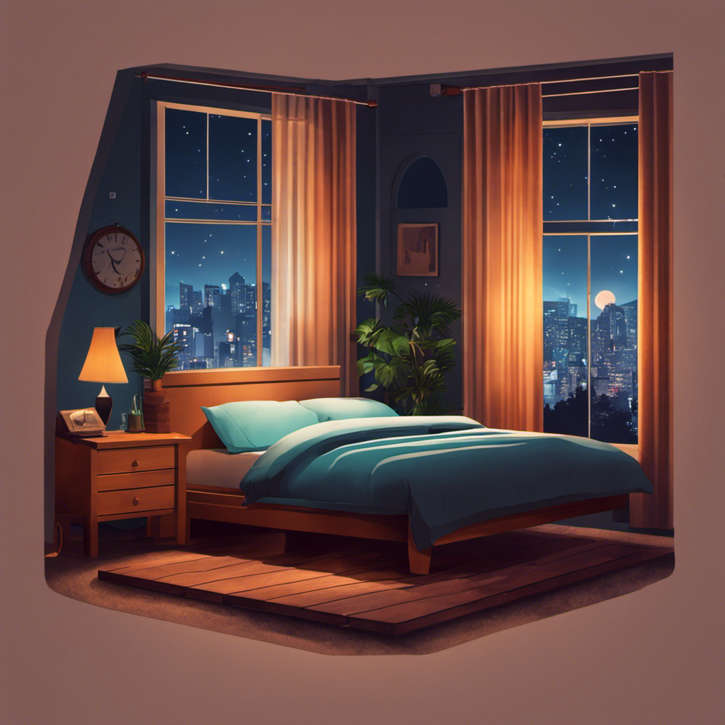 An image depicting a cozy bedroom scene at night, with a dimly lit bedside lamp illuminating a thermostat set on a lower temperature