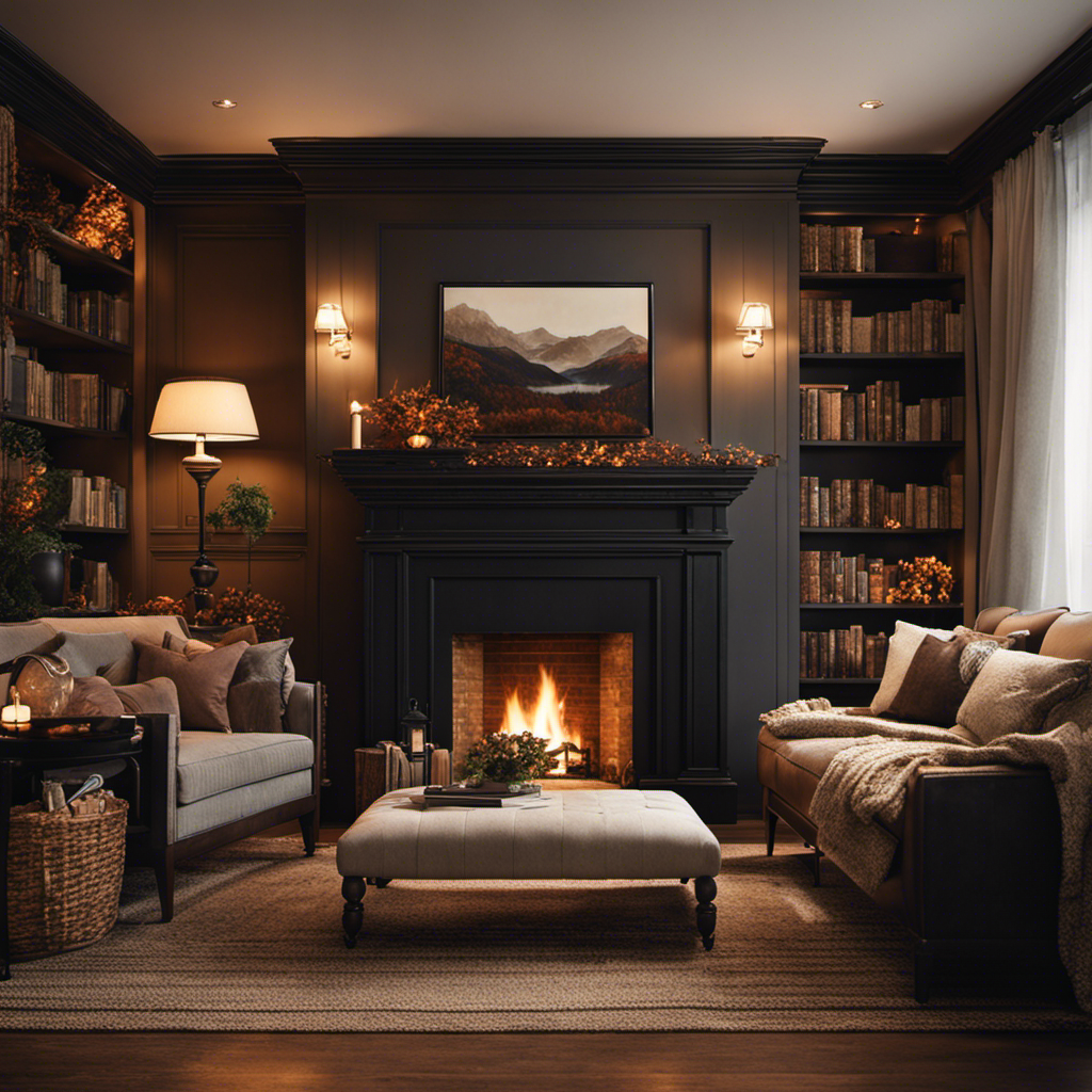 An image showcasing a cozy living room, adorned with thick curtains drawn closed, a crackling fireplace radiating warmth, and strategically placed blankets and fuzzy socks for staying snug during autumn, without relying on heating systems