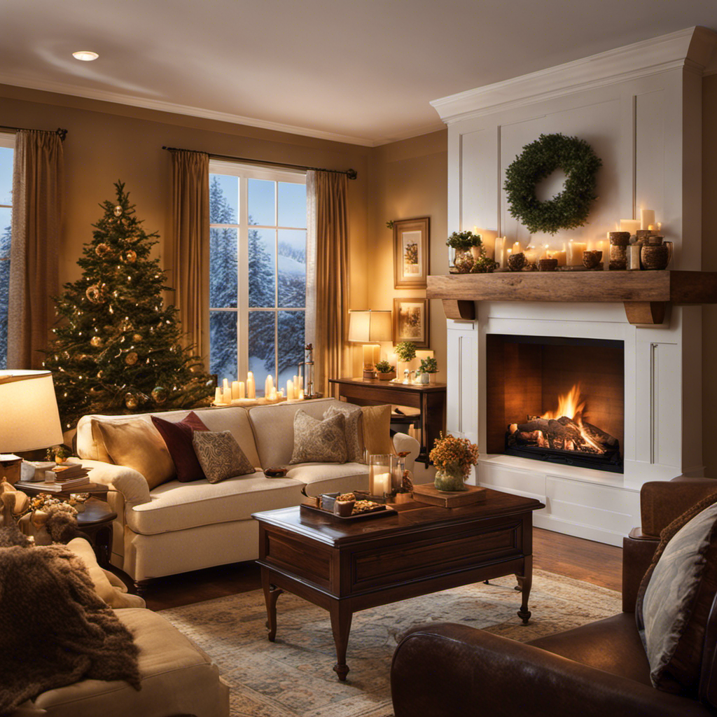 An image portraying a cozy living room, bathed in warm, golden light from a roaring fireplace