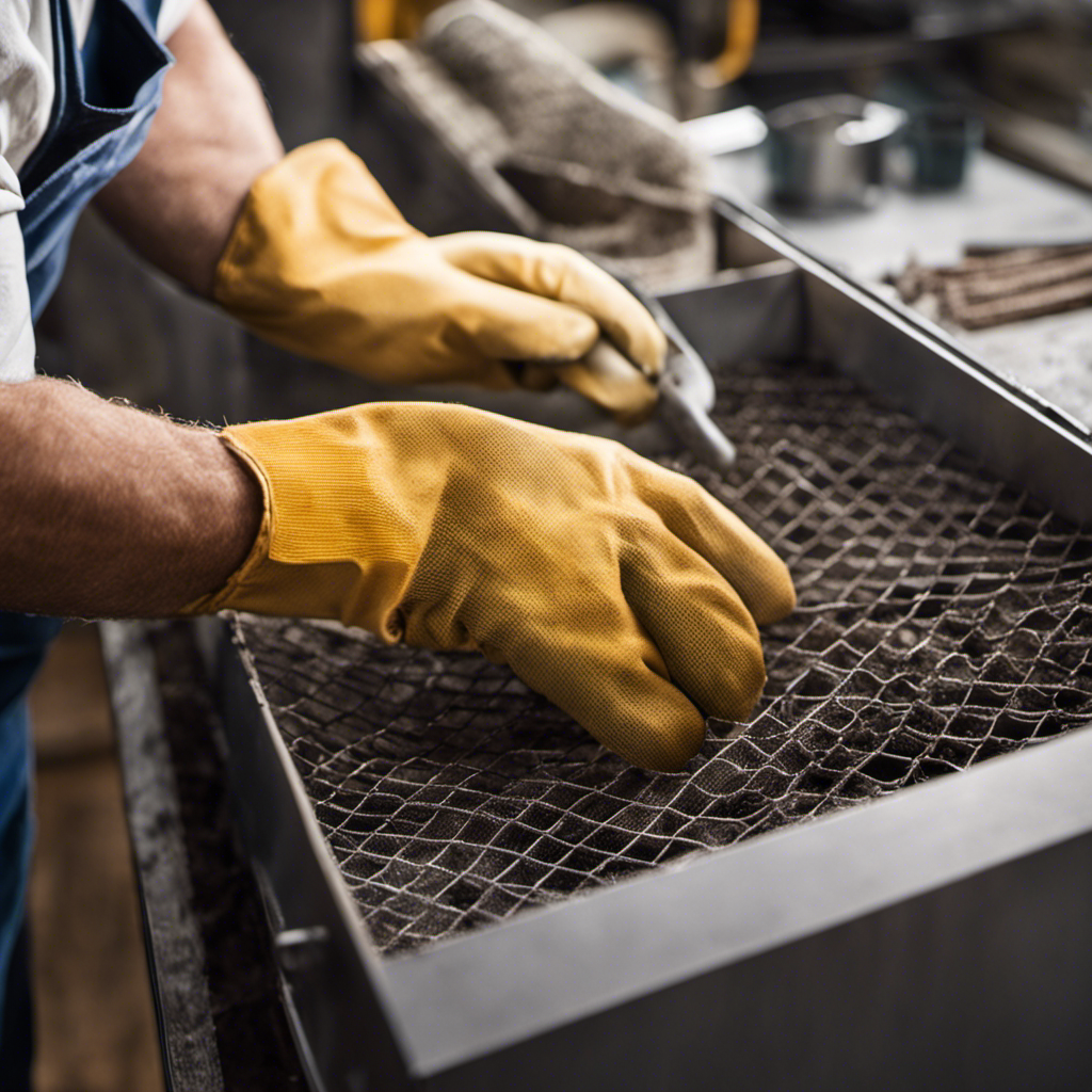 An image capturing a close-up of hands wearing work gloves, gently removing a dusty furnace filter