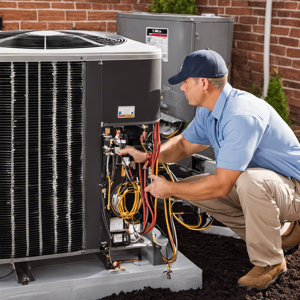 An image showcasing a technician inspecting and cleaning an HVAC system, removing debris from the condenser coils, replacing filters, checking thermostat settings, and testing airflow to illustrate the steps to prepare your HVAC for fall