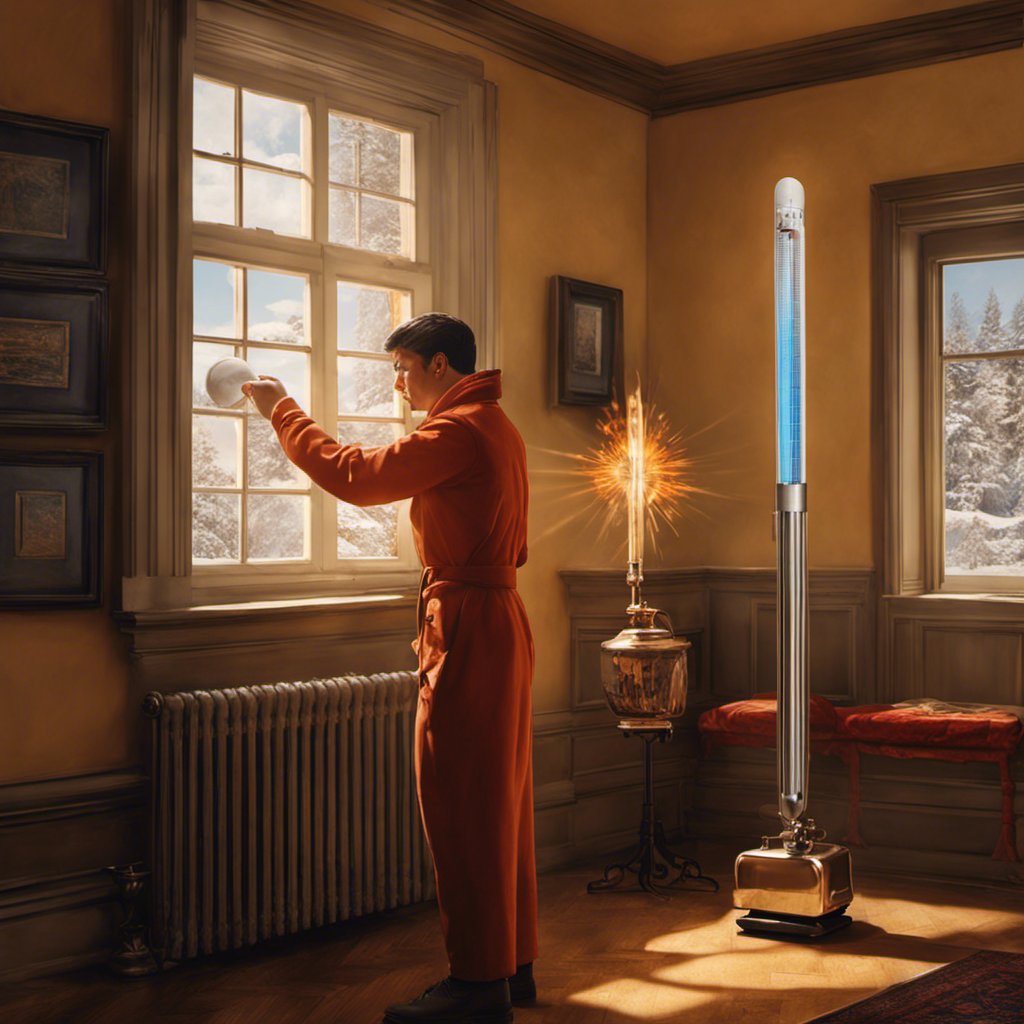 An image featuring a person holding a thermometer near a heating vent, with radiant warmth visibly emanating from it
