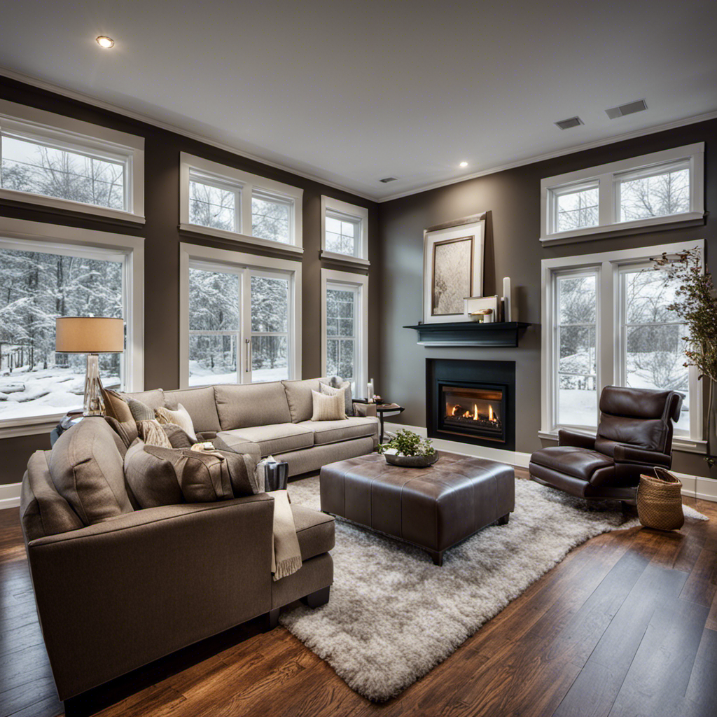 An image showcasing a cozy living room in winter, with a neatly organized HVAC system