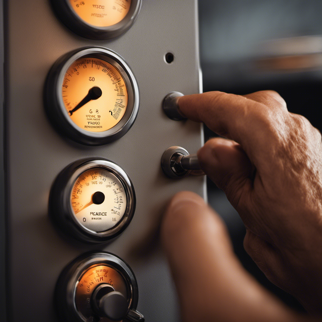 An image depicting a close-up of a hand adjusting thermostat dials while a blurred background showcases a furnace with visible heating elements