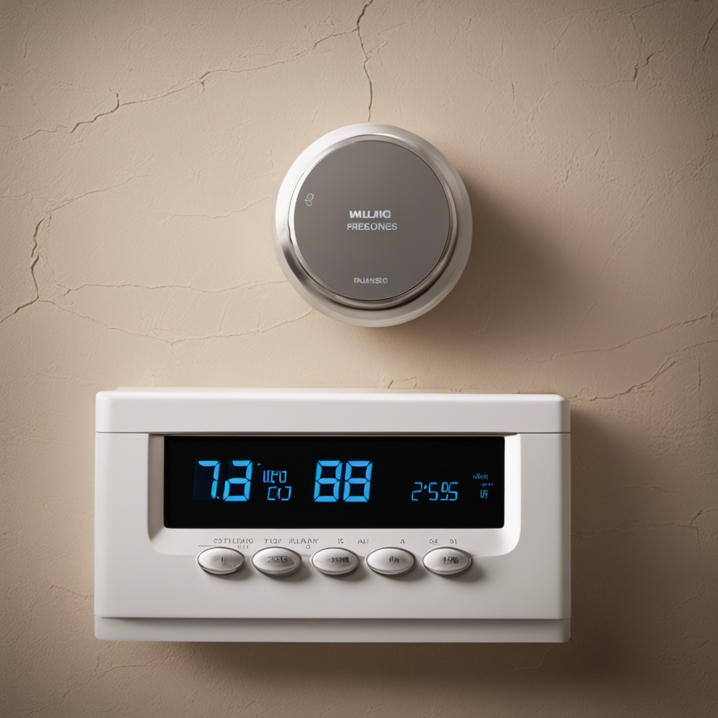 An image depicting a close-up view of a thermostat with a cracked screen, surrounded by a faded and discolored wall