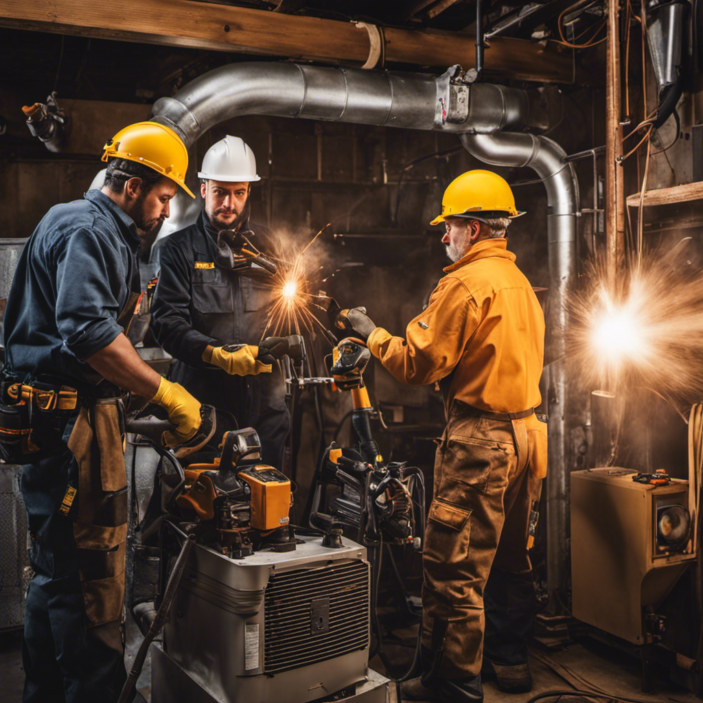 An image showcasing a team of technicians in protective gear disassembling an old furnace with wrenches and power tools, while another team installs a shiny new furnace in a clean and well-lit basement