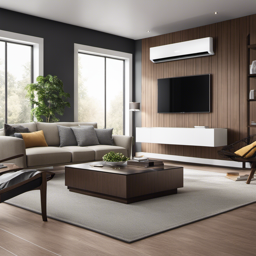 An image showcasing a modern, energy-efficient HVAC system seamlessly integrated into a beautifully designed home, highlighting its sleek aesthetics, advanced features, and the comforting ambiance it provides