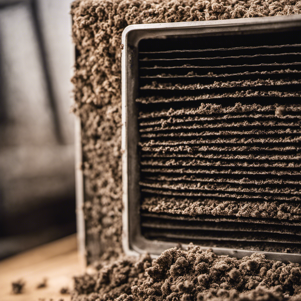 An image of a furnace filter covered in thick layers of dust and debris, contrasting with another image of a furnace without any filter