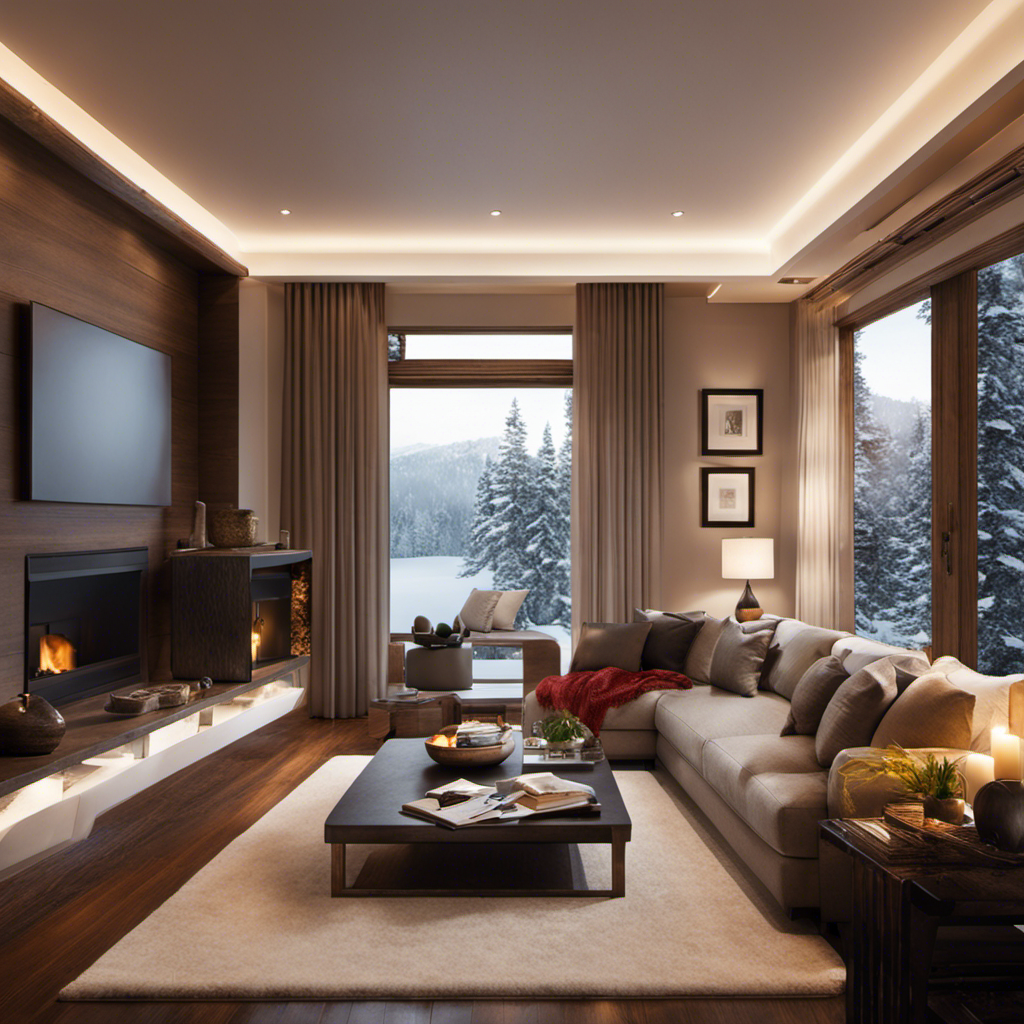 An image depicting a cozy living room with a furnace constantly emitting a gentle, warm glow