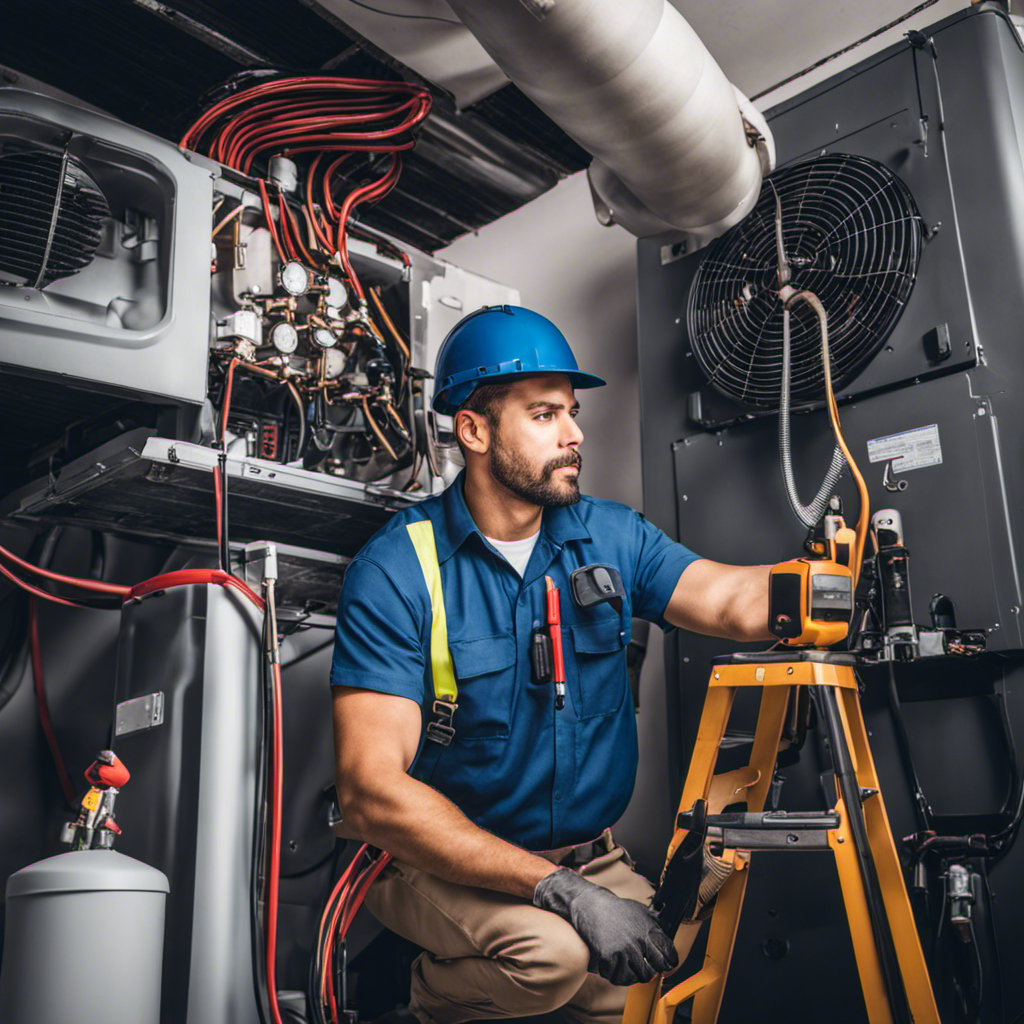 An image showing a professional HVAC technician conducting a thorough inspection and cleaning of an air conditioning unit, surrounded by various tools and equipment, emphasizing the importance of annual maintenance