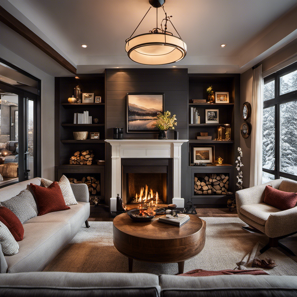 An image showcasing a cozy living room in winter, with a roaring fireplace, a warm blanket draped over a comfortable armchair, and a ceiling fan gently rotating on the "Auto" setting, distributing the warmth evenly throughout the space