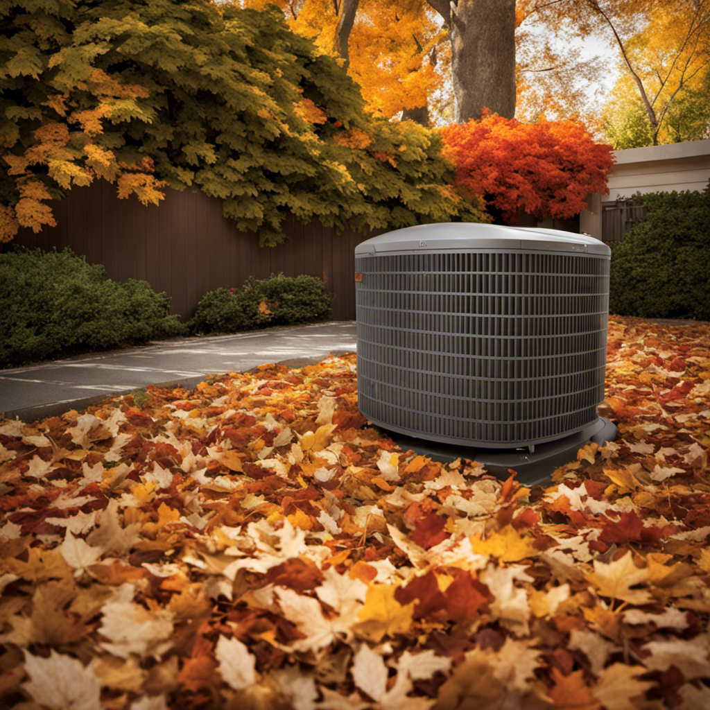 An image that captures the essence of autumn, with fallen leaves scattered around a beautifully covered AC unit, showcasing the contrast between nature's transition and the need to protect your unit during the seasonal change