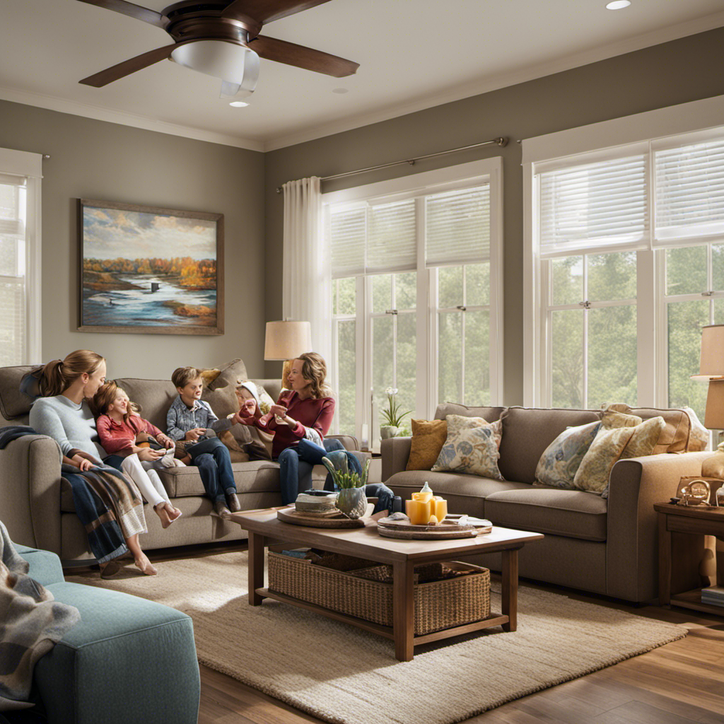 An image showcasing a cozy living room with a smiling family comfortably enjoying the perfect temperature, while an energy-efficient HVAC system silently operates in the background, ensuring clean air and energy savings