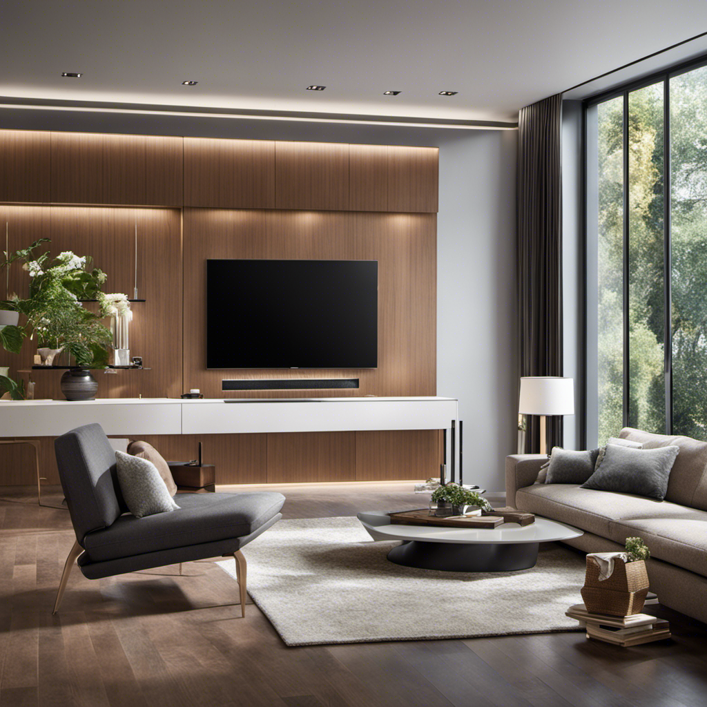 An image that showcases a sleek, energy-efficient HVAC system seamlessly blending into a contemporary living room, providing optimal comfort with whisper-quiet operation, while emitting clean, refreshing air