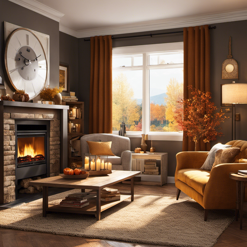 An image showcasing a cozy living room in autumn: golden sunlight filters through half-open curtains, a crackling fireplace warms the room, and a thermostat set to the perfect temperature ensures comfort and serenity