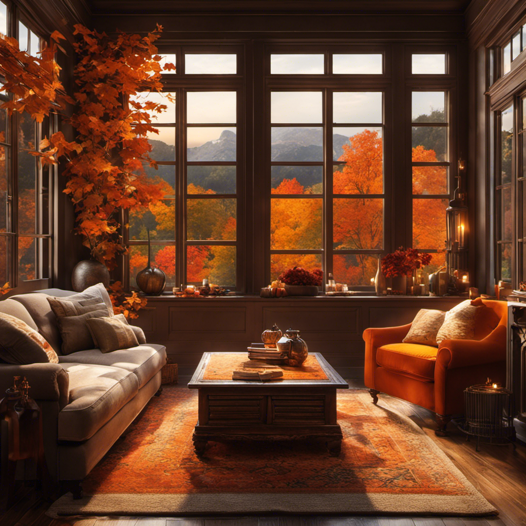 An image depicting a cozy living room on a chilly autumn evening, with vibrant orange leaves falling outside the window, hinting at the perfect time of year to buy a furnace