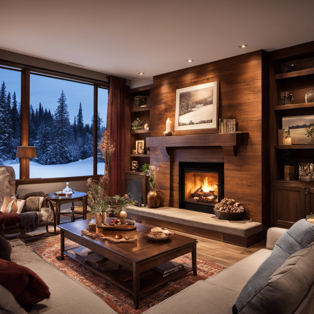 An image showcasing a cozy living room, bathed in warm hues from a crackling fireplace