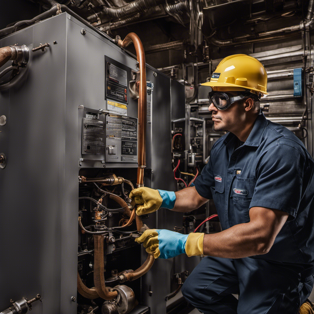 An image that depicts a technician wearing protective gloves and goggles, carefully inspecting and cleaning the furnace components before starting it up