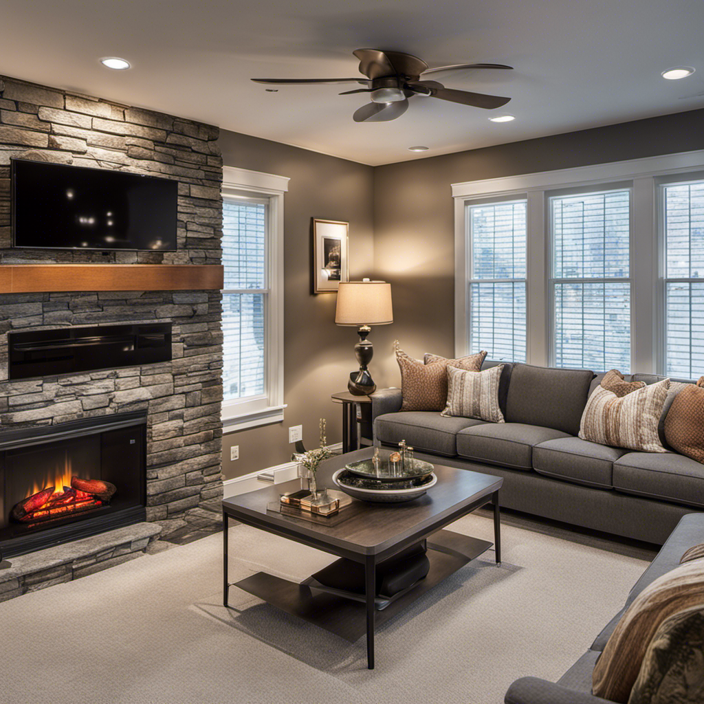 An image capturing a serene living room with a well-maintained furnace, surrounded by clear space, a fire extinguisher mounted nearby, carbon monoxide detector installed, and an accessible emergency shut-off switch