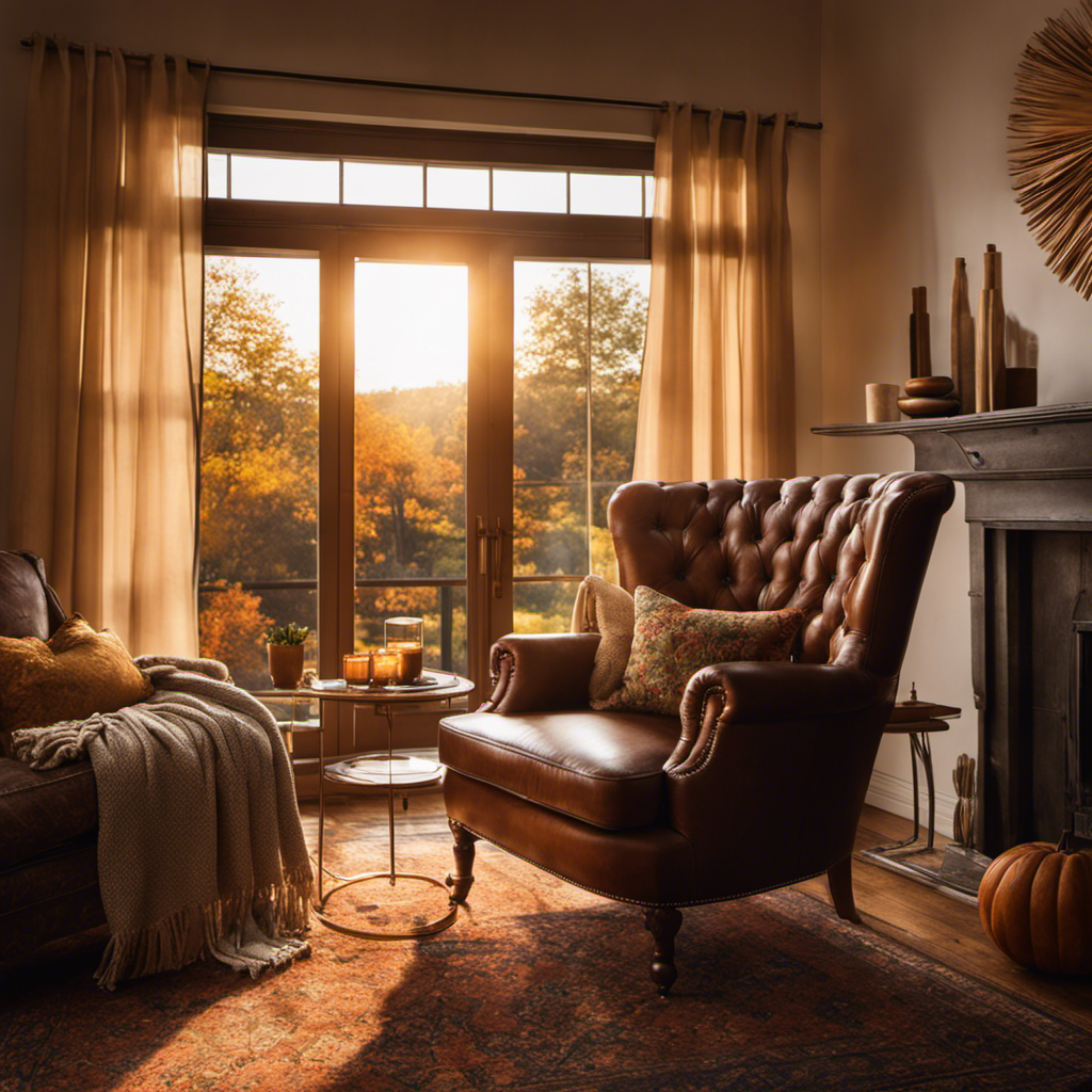 An image showcasing a cozy living room during fall: golden sunlight filters through partly-drawn curtains, a plush blanket drapes over a leather armchair, and a thermostat set to a comfortable temperature, symbolizing the debate of AC usage