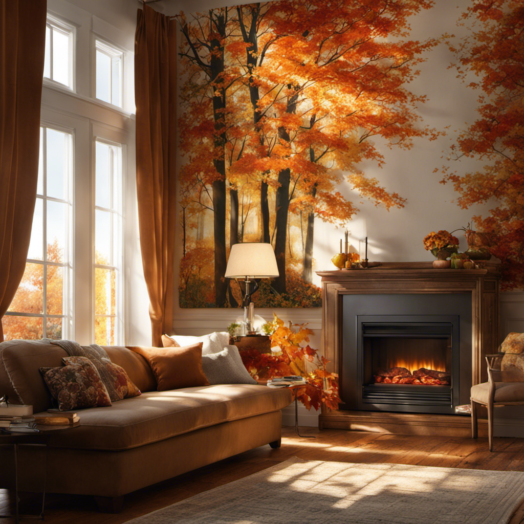 A visual depicting a cozy living room, bathed in warm autumn sunlight streaming through partially drawn curtains