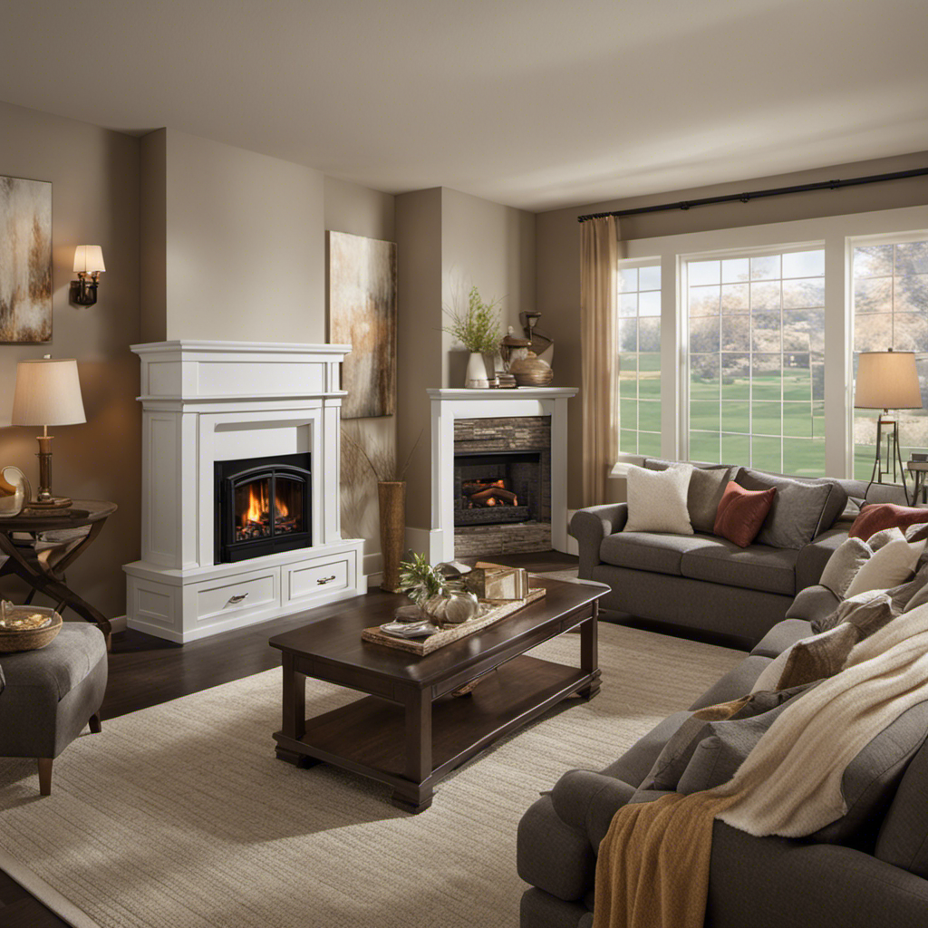 An image capturing a cozy living room with a furnace emitting warm air, surrounded by puzzled homeowners