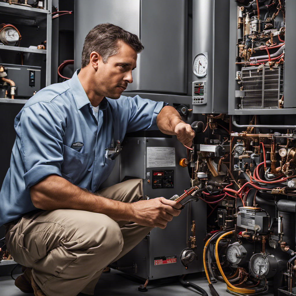 An image featuring a professional HVAC technician surrounded by a variety of intricate furnace components