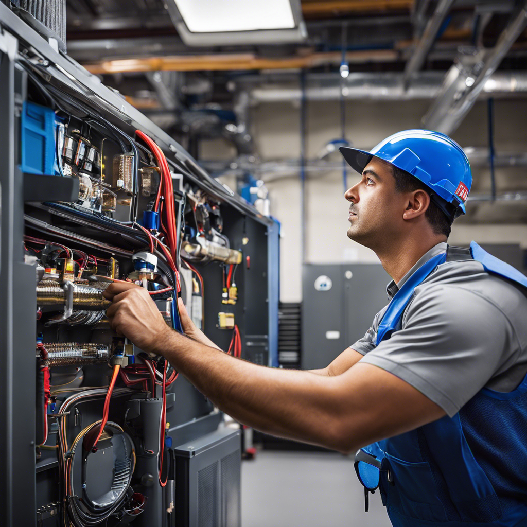 An image showcasing an HVAC technician undergoing hands-on training in a state-of-the-art facility, surrounded by various tools, equipment, and instructional materials