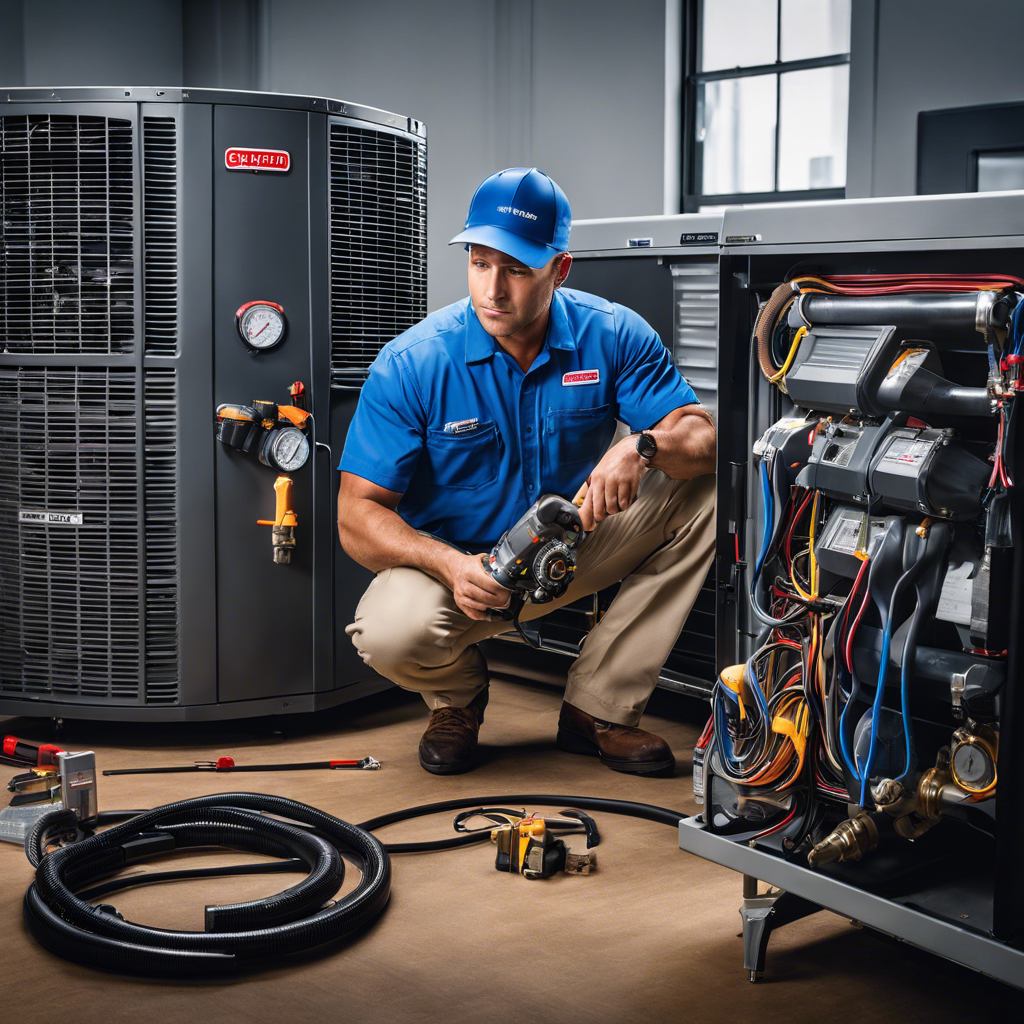 An image showcasing a skilled HVAC technician confidently repairing a complex air conditioning unit in a modern office space, surrounded by tools, gauges, and blueprints, symbolizing the rewarding and fulfilling nature of a blue-collar career