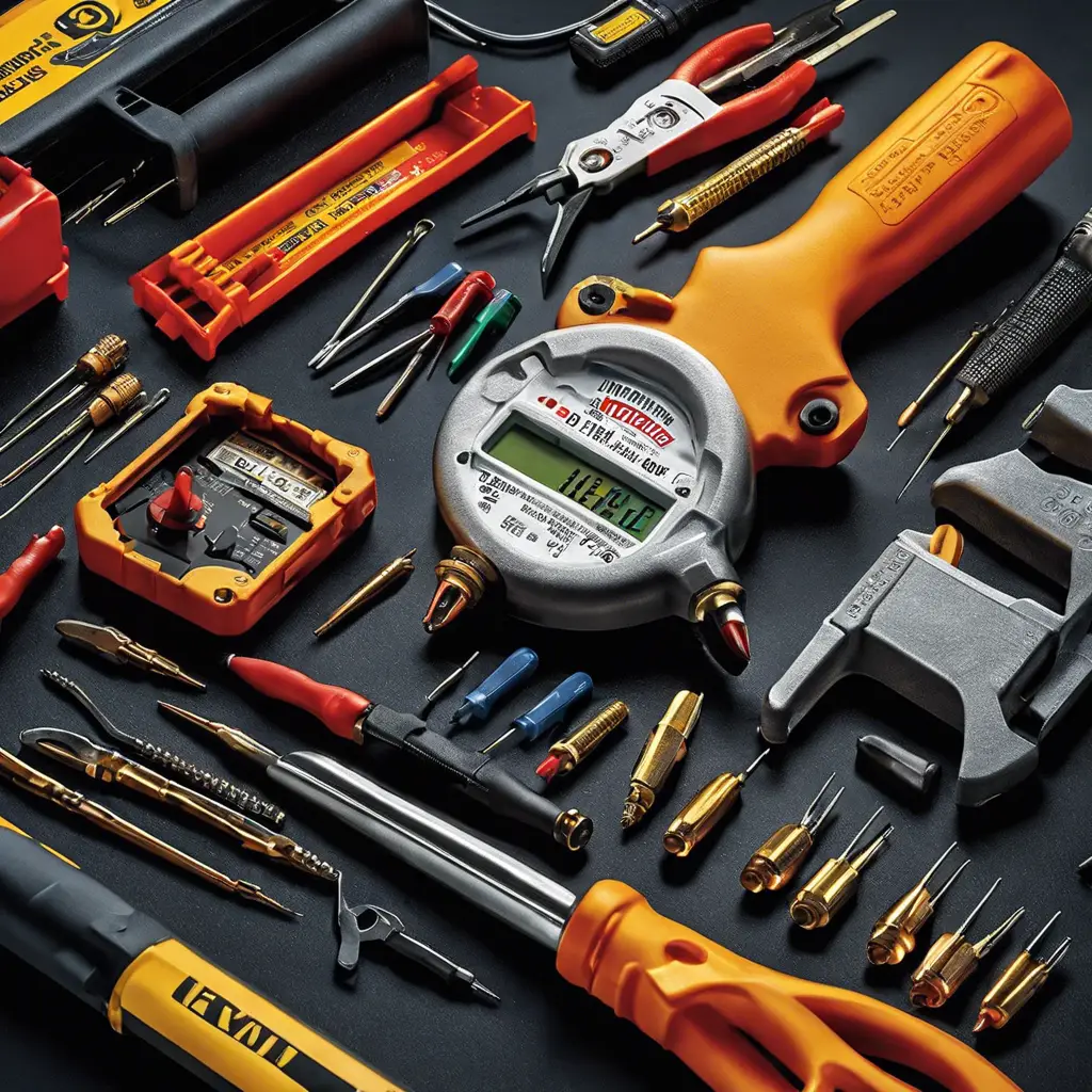An image depicting a hand holding a blown HVAC blower fuse, surrounded by a toolbox with screwdrivers, pliers, and a multimeter, showcasing the step-by-step process of resetting the fuse for a quick fix