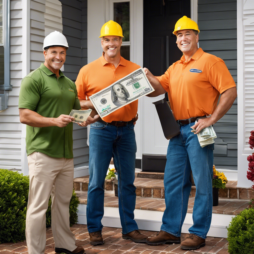 An image showcasing a homeowner handing cash to two professional HVAC installers, with grateful expressions on their faces