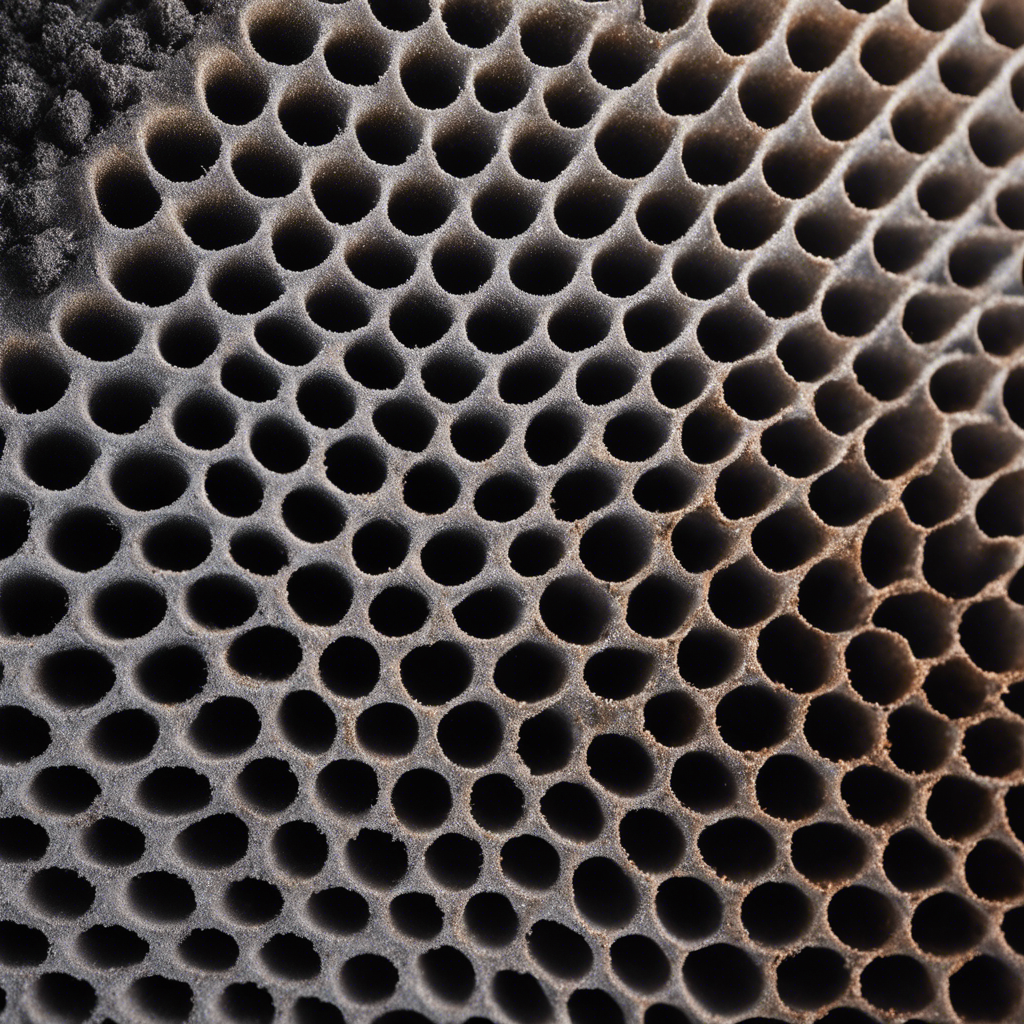 An image showcasing a close-up shot of a dirty HVAC filter, clogged with thick layers of soot particles