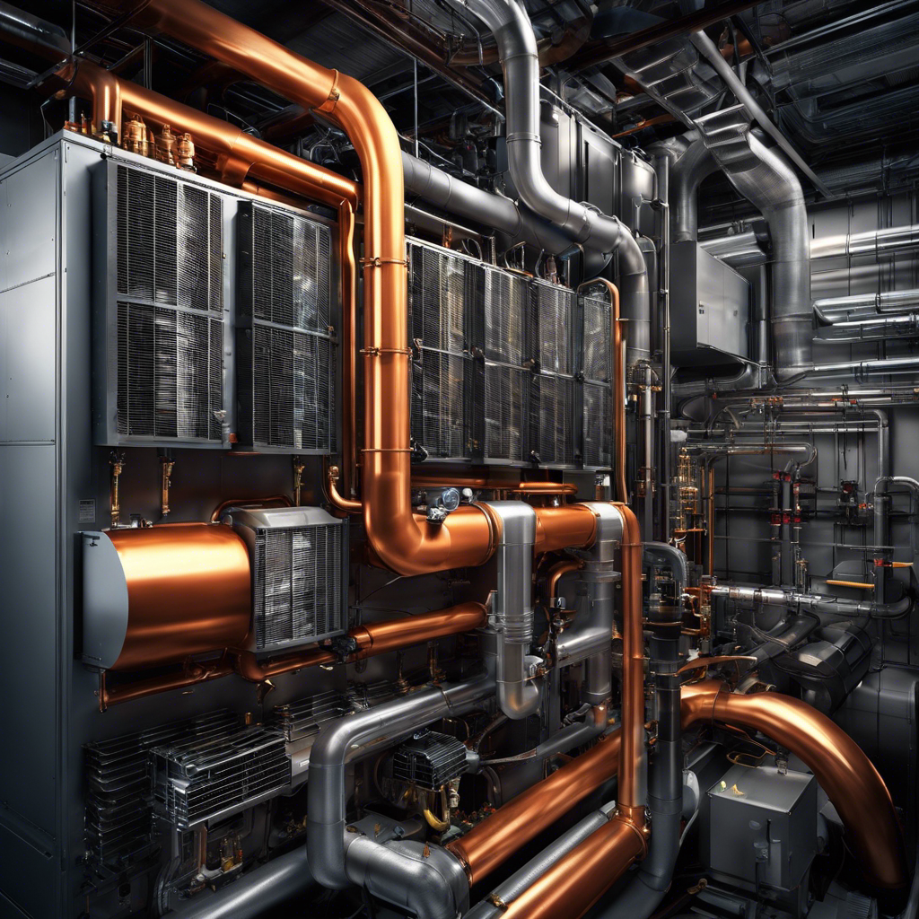 An image showcasing the intricate inner workings of an HVAC system, depicting components like the compressor, condenser coil, evaporator coil, and air handler, all interconnected by ductwork and refrigerant lines