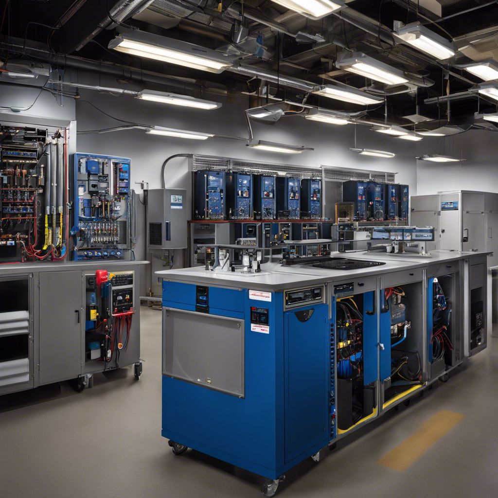 An image that showcases a vibrant, high-tech HVAC lab, featuring an assortment of tools, gauges, and equipment