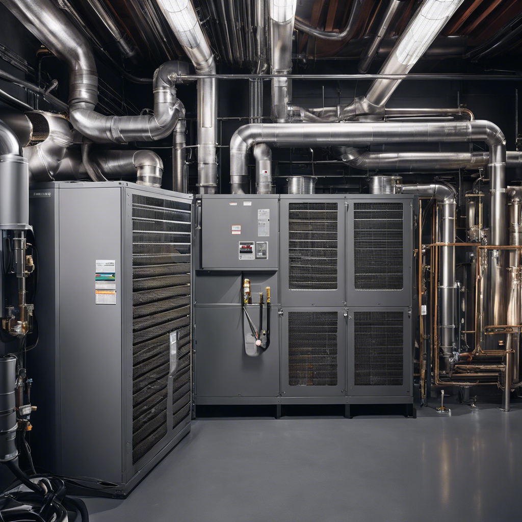 An image showcasing a well-maintained commercial HVAC system surrounded by a clutter-free mechanical room, with clean air filters, properly installed ductwork, and a technician performing routine maintenance tasks