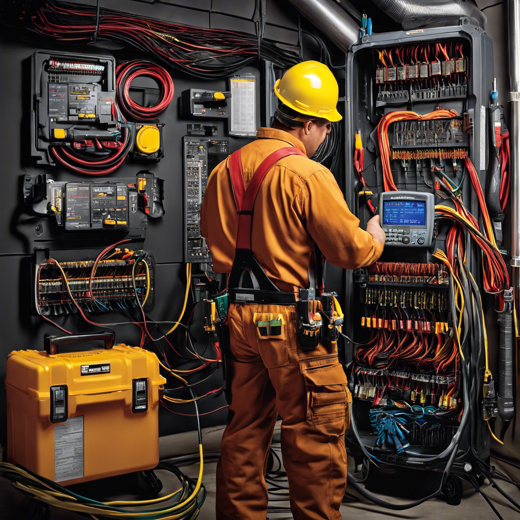 An image showcasing an HVAC technician confidently connecting electrical wires, while their tool belt holds a multimeter, wire strippers, and electrical connectors