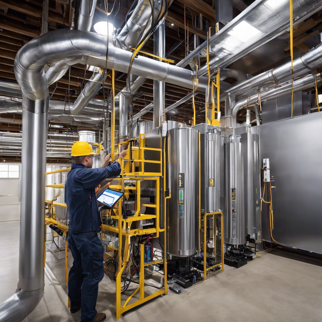 An image capturing the HVAC rough-in process: A skilled technician expertly measuring and marking ductwork placement, while another skillfully secures electrical connections, amidst a backdrop of pipes, wires, and equipment